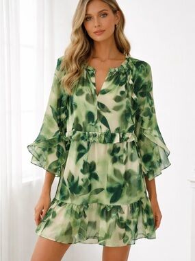 London Times Floral Ruffle Long Sleeve A-Line Dress Size Medium NWT